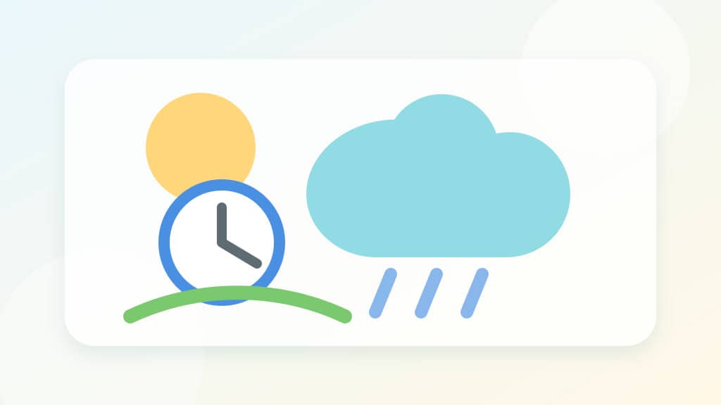 梅雨の晴れ間に洗濯物を干す時間帯を考える、物干しと時計と雲の文字なしイラスト
