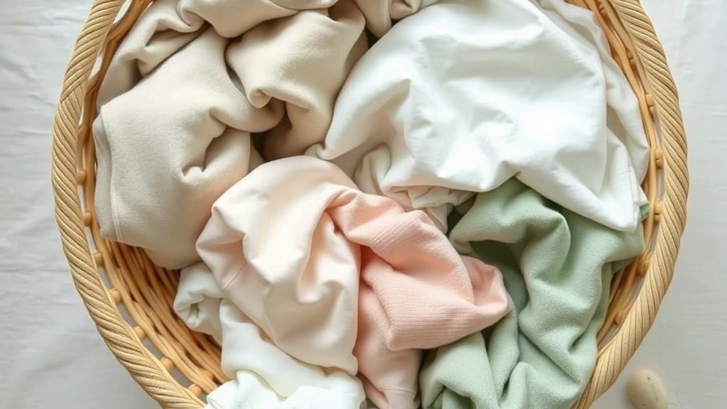 タオルやシャツ、寝具が詰まった大きな洗濯カゴ