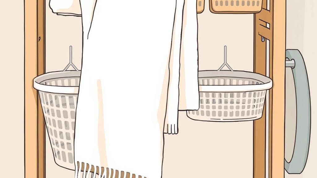 きれいにたたんだ洗濯物とかごを並べた洗濯まわりの様子