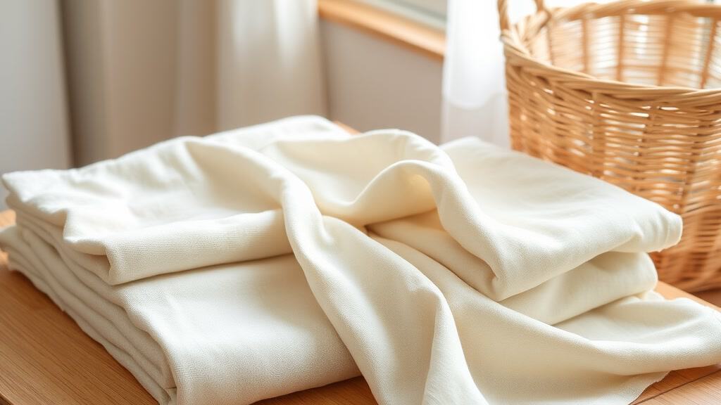 Roupas claras dobradas sobre uma mesa de madeira, com um cesto de vime ao lado da janela