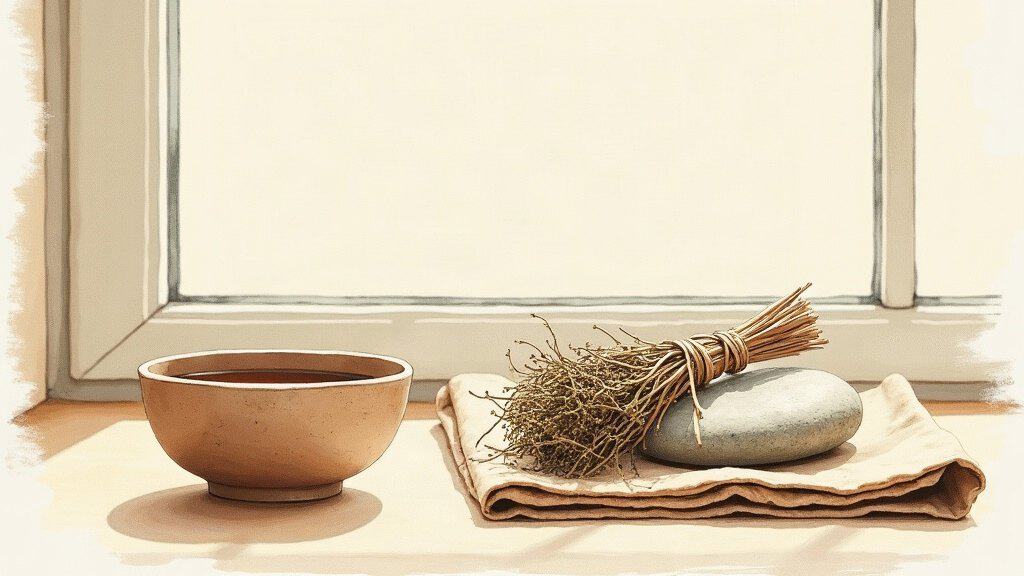 Hand-drawn still life of a ceramic tea bowl, a bundle of dried mugwort and a smooth river stone on folded linen beside a window