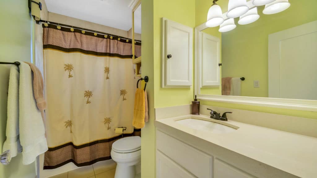 Bathroom at 2212 Myrtle Ave in North Park featuring lime green walls, a white vanity with a large mirror, and a palm tree print shower curtain.