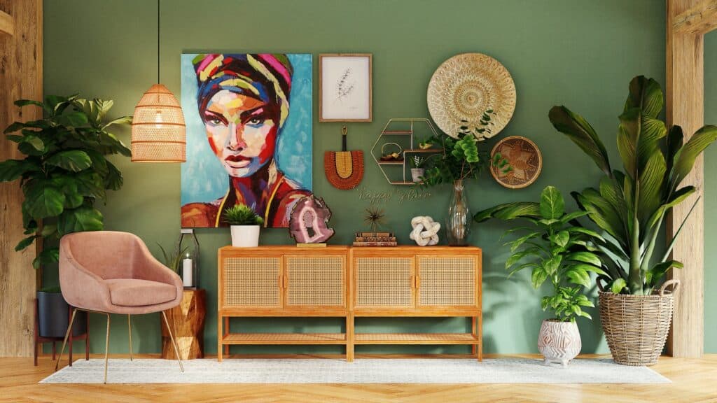 living room with green walls, pink side chair, console with painting of a woman on the wall