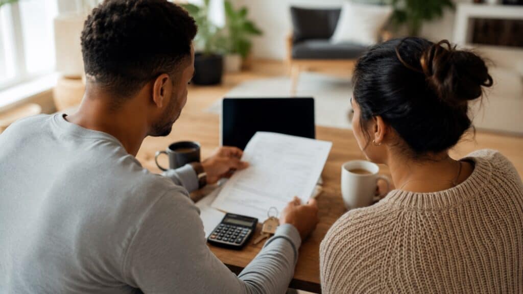 Couple reviewing home closing documents with a calculator, laptop, coffee mugs, and house keys at a dining table.