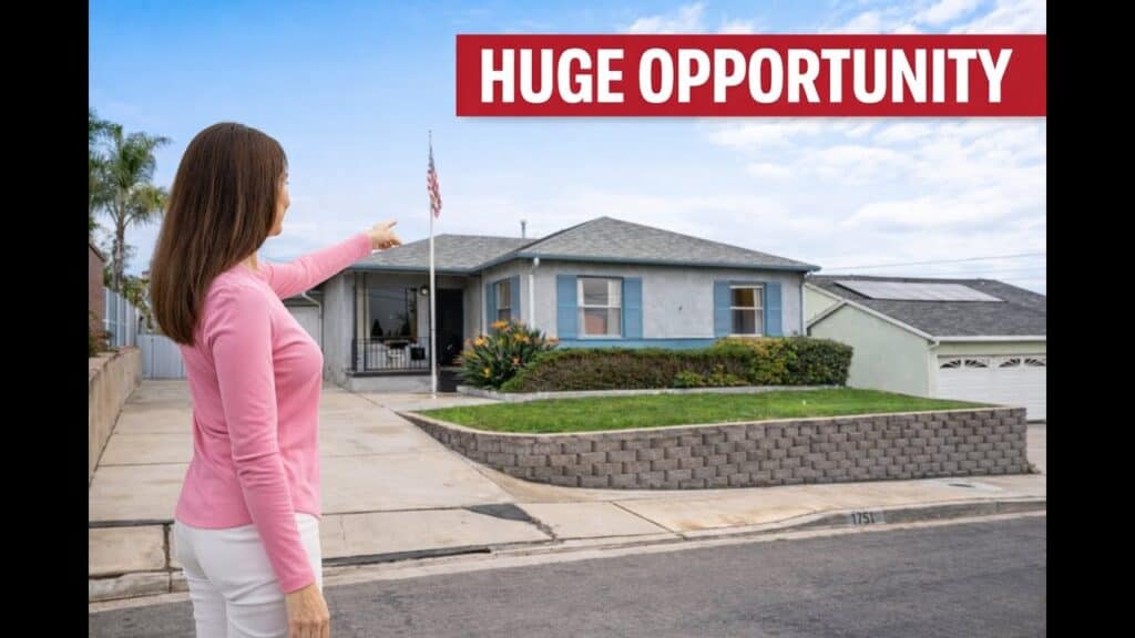 woman in pink sweater pointing to the Exterior of a classic 1950s single-family home at 1751 39th Street in Fairmont Park San Diego, featuring a landscaped front lawn and long driveway.