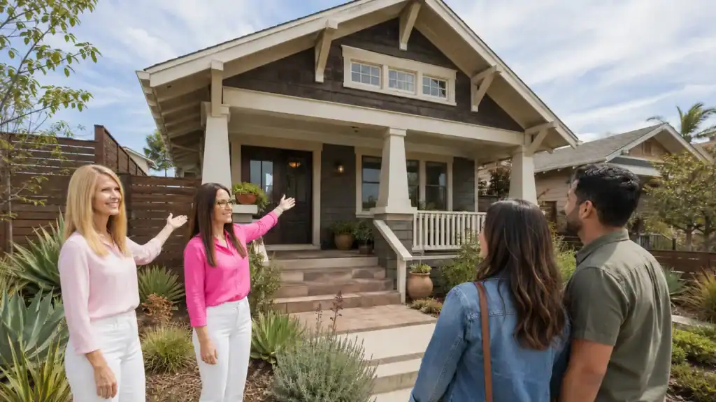 Realtors showing buyers a Craftsman-style home in Logan Heights, San Diego