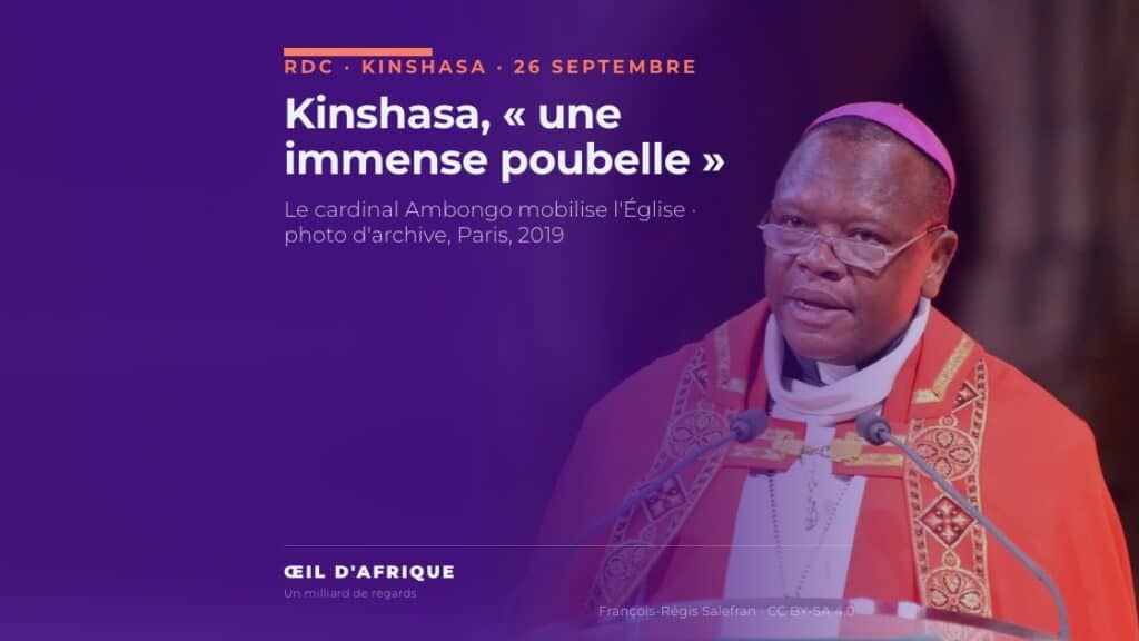 Le cardinal Fridolin Ambongo, archevêque de Kinshasa, prêchant au pupitre, photo d'archive de 2019 illustrant son homélie sur l'insalubrité à Kinshasa