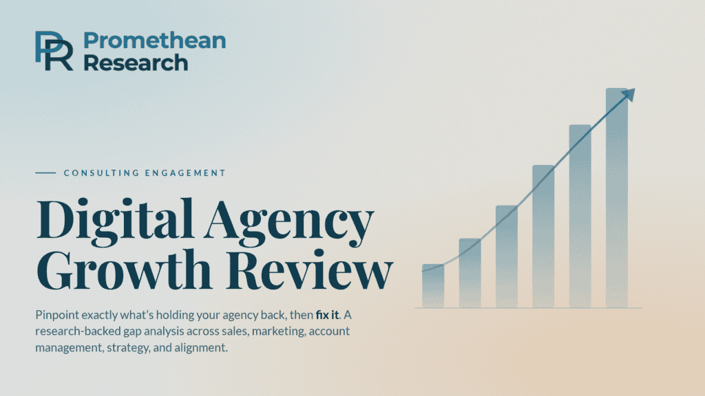 Promethean Research Digital Agency Growth Review consulting engagement featured image with an ascending bar chart and growth trend line