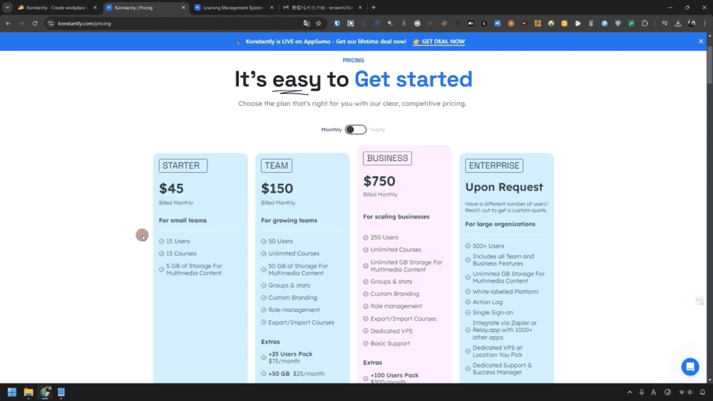 Konstantlyレビュー:直感的に使える社内研修ツール!日本語対応&買い切りでコスパ最強 Konstantly の料金プラン表には、スターター (45 ドル)、チーム (150 ドル)、ビジネス (750 ドル)、エンタープライズ (リクエストによる) の 4 つの列があります。各列には、さまざまなユーザーのニーズに合わせた機能と月額料金が詳細に記載されています。.