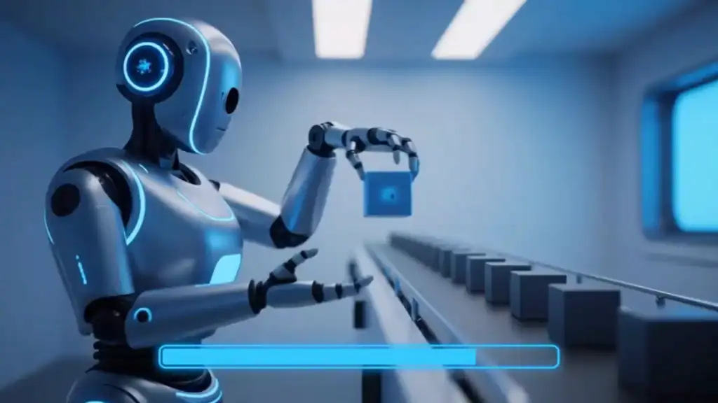 近未来的で青く照らされた部屋の中で、人型ロボットが小さな立方体をベルトコンベアーに載せている。.