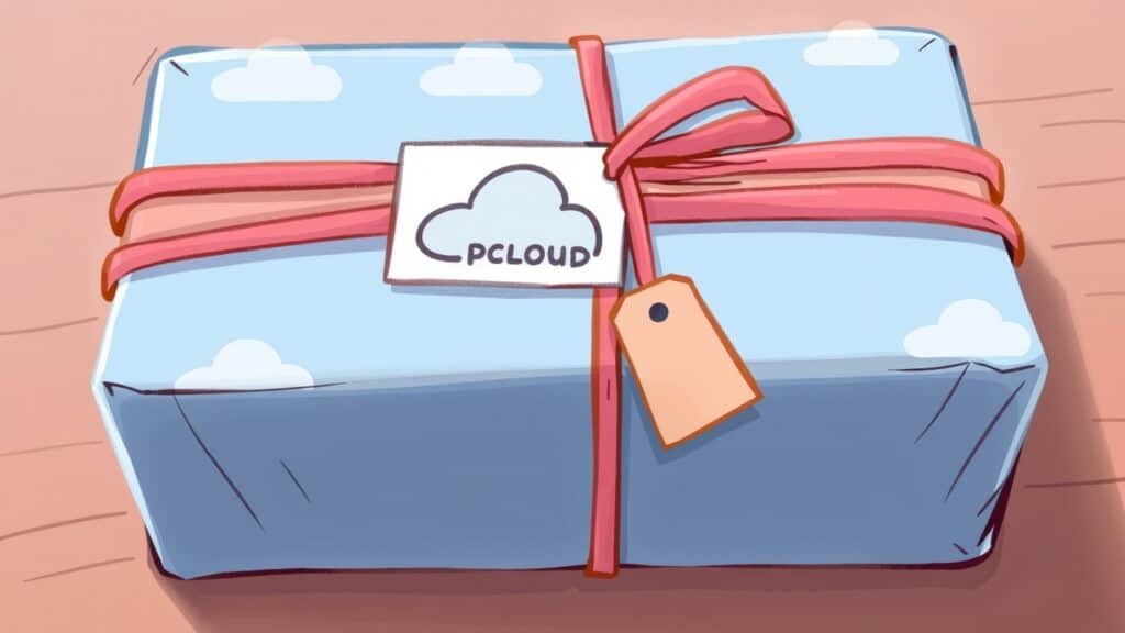 pCloud クリスマスセール 2025はお得?正直な感想!買い切りクラウドストレージ、2TBプランがお得? 青い雲柄の紙にピンクのリボンで包まれ、「pCloud」と書かれた箱が木製の表面に置かれている。リボンには空のpCloudギフトタグがぶら下がっている。.