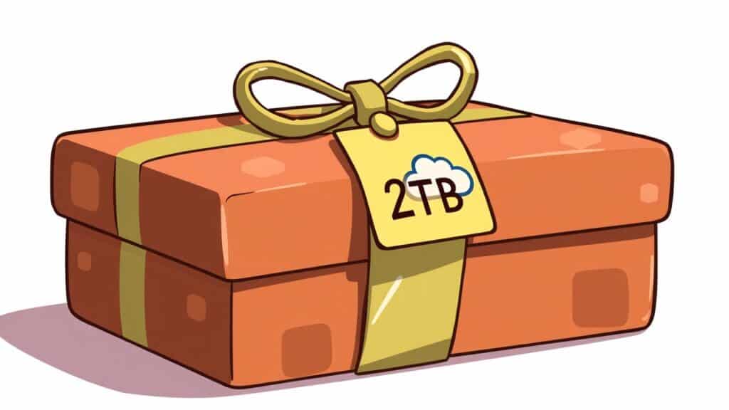 pCloud クリスマスセール 2025はお得?正直な感想!買い切りクラウドストレージ、2TBプランがお得? ラッピングされたギフトボックスには黄色いリボンがかけられ、「2TB」と書かれたタグにはクラウドのアイコンが付いている。.