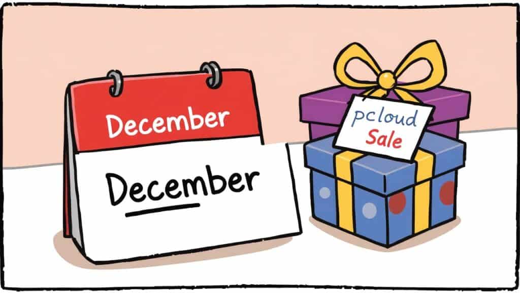 pCloud クリスマスセール 2025はお得?正直な感想!買い切りクラウドストレージ、2TBプランがお得? 卓上カレンダーには、ラッピングされたギフトボックスと「pCloudセール」と書かれた看板の隣に12月が表示され、pCloudのホリデー特別キャンペーンが強調されている。.