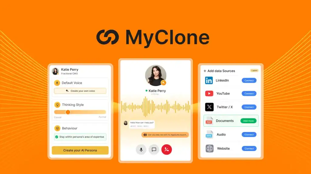MyCloneの使い方:AIクローン、分身を作る方法・実際の使い勝手レビュー ペルソナのカスタマイズ、ボイスレコーディング、LinkedIn、YouTube、Twitter、ドキュメントなどのデータソースを追加するオプションなど、鮮やかなオレンジ色の背景で構成されたMyCloneアプリのインターフェイスのスクリーンショット。.
