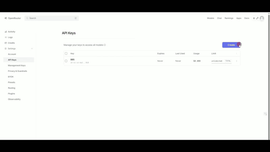 Robomotionと統合されたOpenAI APIキーのダッシュボードのスクリーンショット。2つのAPIキーとその有効期限、最後に使用された詳細、使用情報が表示されている。右側に青い "Create" ボタンが見えます。.