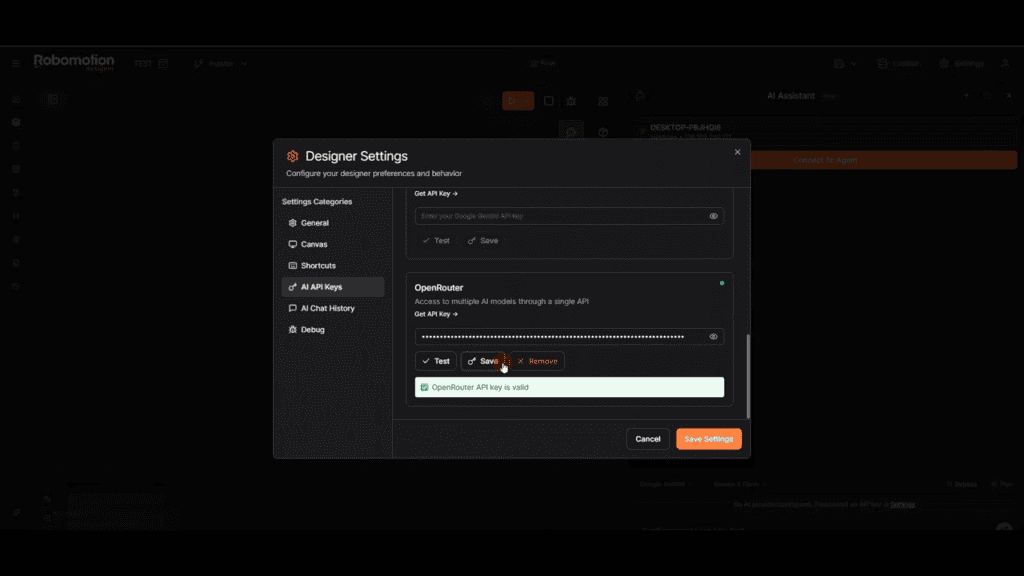コンピュータの画面には、Robomotion Studio の Designer Settings ウィンドウが表示され、編集中の OpenAI API キー設定と、Robomotion で変更を保存またはキャンセルするオプションが表示される。.