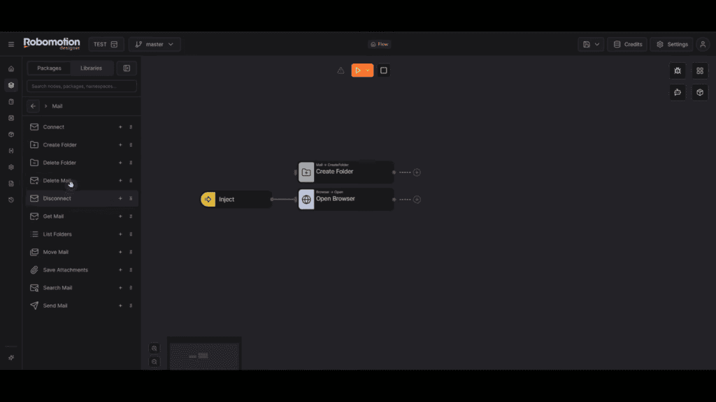 ダークなテーマの Robomotion インターフェースには、3 つのノードが接続されたワークフローが表示されます：入力, フォルダの作成, ブラウザを開く, の3つのノードが接続されたワークフローが表示され、自動化プラットフォームの機能を強調します。.