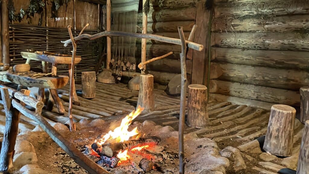 The fireplace inside the wooden homes in Biskupin