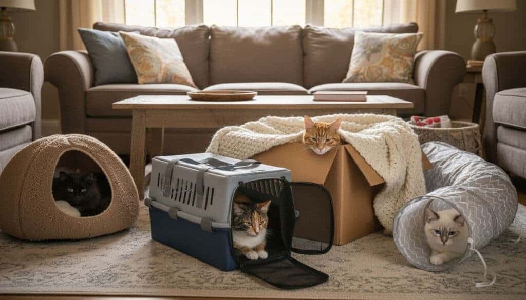 Four cats hiding in various spots to be safe and comfortable when the fireworks start