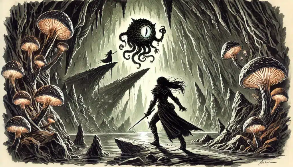 A lone warrior stands in a dark, surreal cave, sword drawn, facing a hovering cyclopean creature with tentacles. Channeling the spirit of Dungeons & Dragons, giant mushrooms line the rocky path, adding an eerie ambiance to this fantasy scene.