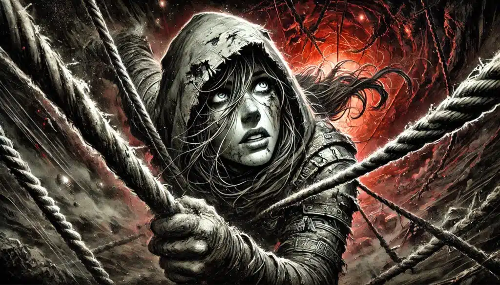 In a dramatic fantasy scene, a determined figure in a hooded cloak grips ropes against a swirling, fiery backdrop. The intense gaze directed upward and wind-swept hair evoke the tense, otherworldly allure of a Dungeons & Dragons adventure.