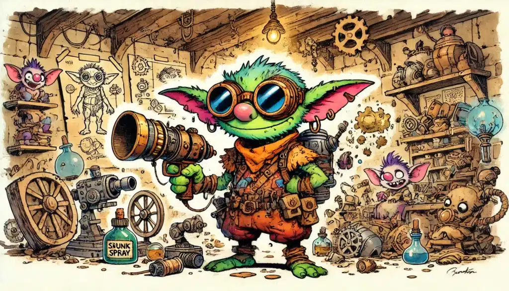 A whimsical green goblin with pink ears and large goggles stands in a cluttered workshop of fantasy gadgets, reminiscent of a tabletop RPG scene. It clutches a steampunk-style device while another smaller goblin peeks from behind a shelf, as if awaiting the next DND adventure.