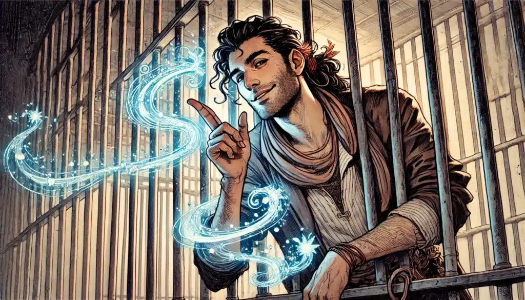 A man with long, dark hair and a playful smile leans through the magical dungeon bars, gesturing with one hand. A swirling blue light floats around him, its glow hinting at his unique skills and enhancing the mystical atmosphere.