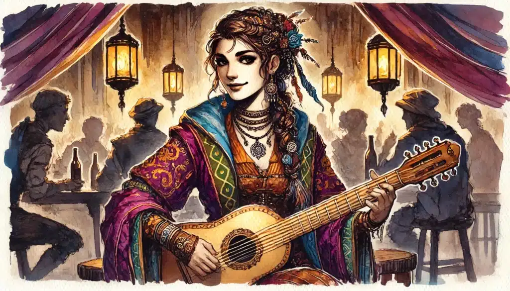 A woman in colorful, ornate clothing—perhaps drawing on homebrew bard mechanics—inspires a lively crowd as she plays guitar in a vibrant, lantern-lit tavern, evoking the festive spirit found in the best D&D campaigns.