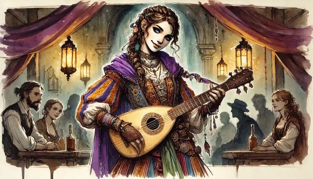 A woman in vibrant, traditional clothing plays a lute in a lively tavern, lanterns glowing behind her. Patrons listen and drink, creating a festive atmosphere perfect for 2025 D&D campaigns or testing new homebrew bard mechanics.