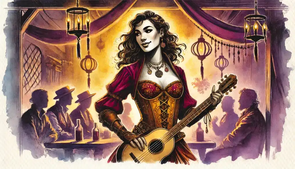 A confident woman in a red and gold dress holds a guitar in a lively, warmly lit tavern—perfect inspiration for 2025 D&D campaigns, with ornate lanterns above and people seated in the background.