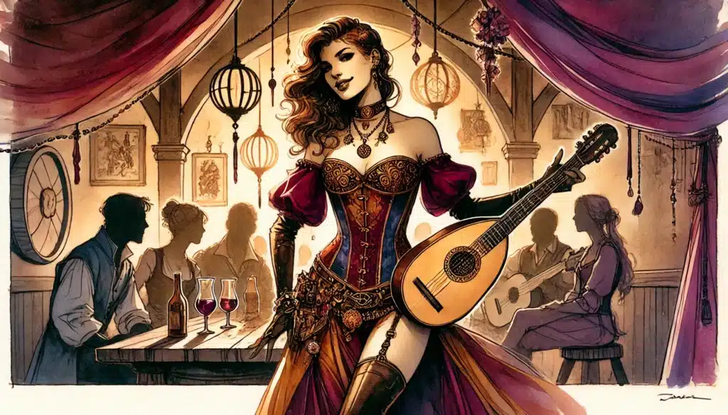 A confident Bard in ornate, Renaissance-style clothing holds a lute in a lively tavern. People sit at tables with wine, musicians play in the background, and the festive scene feels straight out of Dungeons and Dragons.