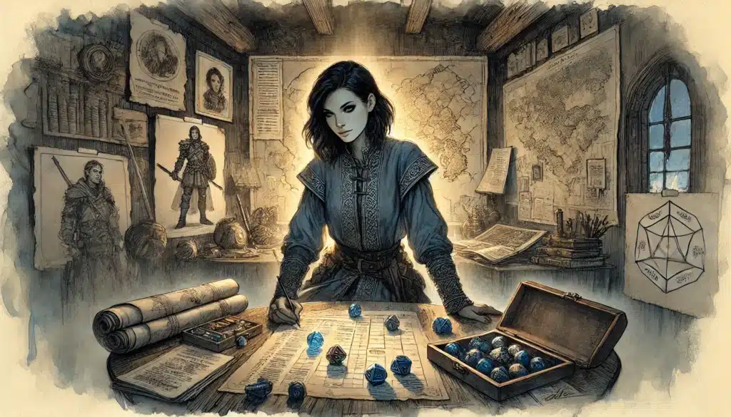 A woman in medieval clothing stands at a table covered with maps, notes, and dice, illuminated by soft light. Behind her are maps and character portraits—an inspiring haven for experienced D&D players seeking meaningful rewards in 2025 campaigns.