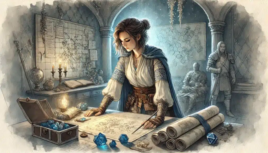 A woman in medieval clothing studies a map on a table surrounded by scrolls, dice, and a chest—perfect for D&D players seeking meaningful rewards. Two figures are in the background, candlelight illuminating the detailed, fantasy-themed room.