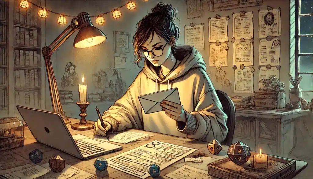 A young woman wearing glasses sits at a cozy desk with a laptop, papers, and dice, writing a letter by candlelight. The room is filled with books and notes—perfect for D&D players seeking meaningful rewards beyond XP.
