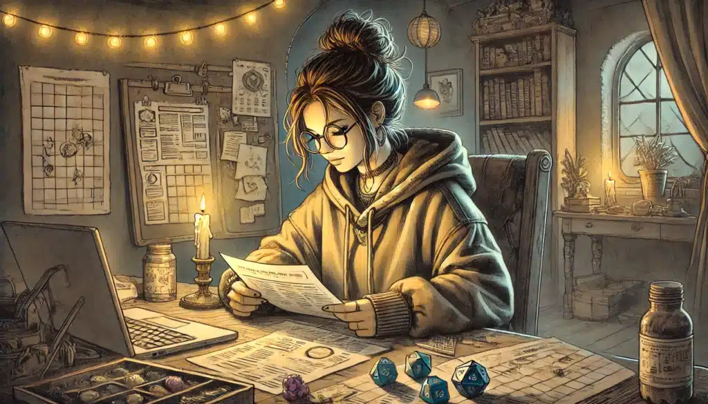 A young woman with glasses reads character sheets at a cozy desk cluttered with candles, dice, and papers—a haven for D&D players—surrounded by string lights, books, and fantasy-themed decorations that evoke meaningful rewards and a warm atmosphere.