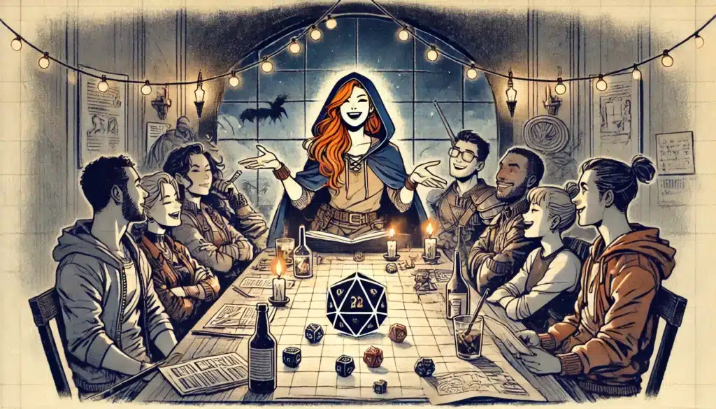A group of friends sit around a table with dice, papers, and drinks, playing a D&D session. A smiling woman with red hair leads as the game master, managing large adventuring parties by candlelight and string lights. The night sky glows outside the window.
