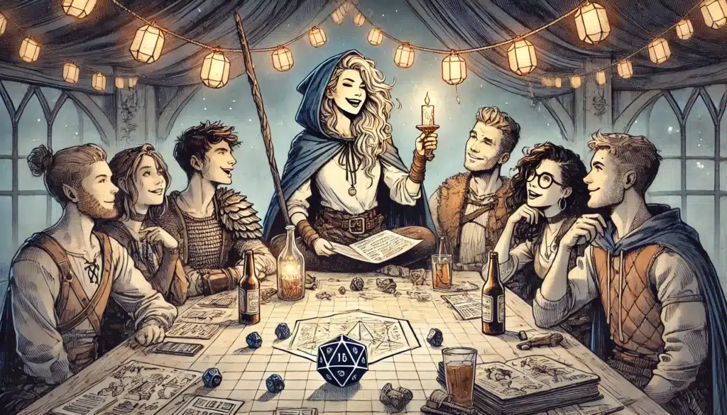 A group of six young adults sit around a table playing a tabletop role-playing game, smiling and laughing. Dice, drinks, and character sheets are scattered as they use D&D techniques for managing large parties. One person stands holding a candle beneath lanterns.