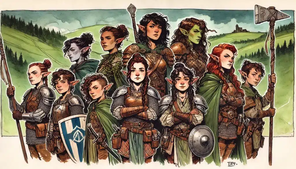 A group of ten diverse female fantasy warriors, some elves and orcs, stand in armor with weapons and shields—an inspiring D&D adventuring party—set against a green, hilly landscape with a distant castle beneath a cloudy sky.
