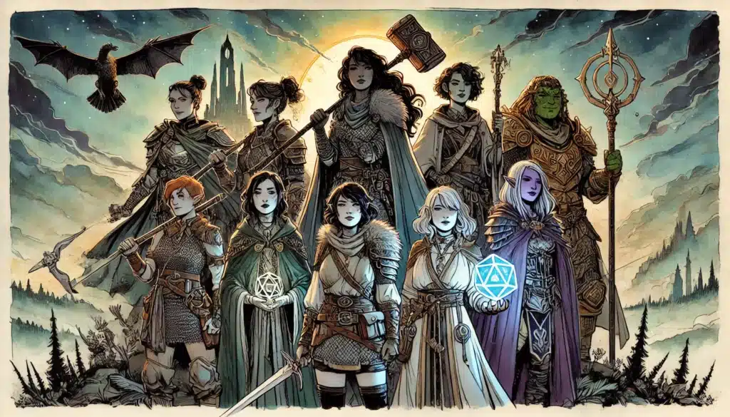 A fantasy scene shows eight diverse female adventurers, reminiscent of D&D adventuring parties, in detailed armor with weapons and magical items, standing together in a mountainous landscape at dawn, with a dragon flying overhead.