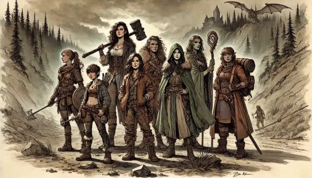 A group of seven adventurers in fantasy attire pose in a rugged landscape with mountains and pine trees. A castle sits on a distant hill, and a dragon flies overhead—a classic scene for managing large D&D parties on epic quests.