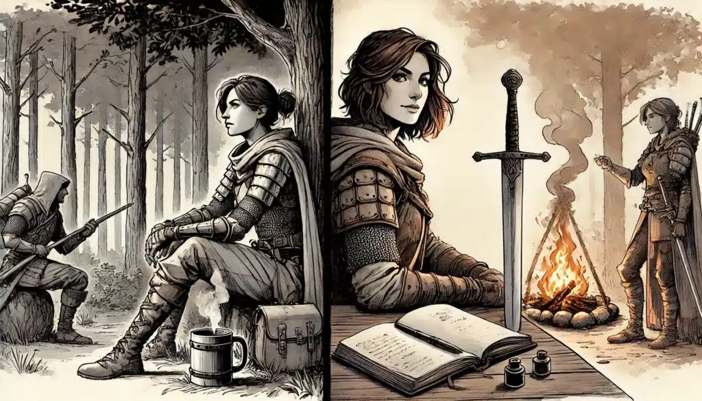 A female adventurer in medieval armor sits and talks with a hooded figure in a forest, later writes in a journal by a sword and campfire. The image is in a sketch-like, fantasy style with muted colors.