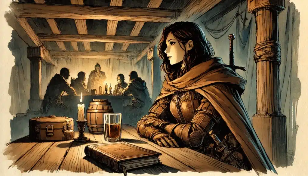 A woman in medieval armor sits alone at a wooden tavern table with a candle, book, and drink—ready for the next roleplay session. In the background, several figures gather around another table in warm candlelight.