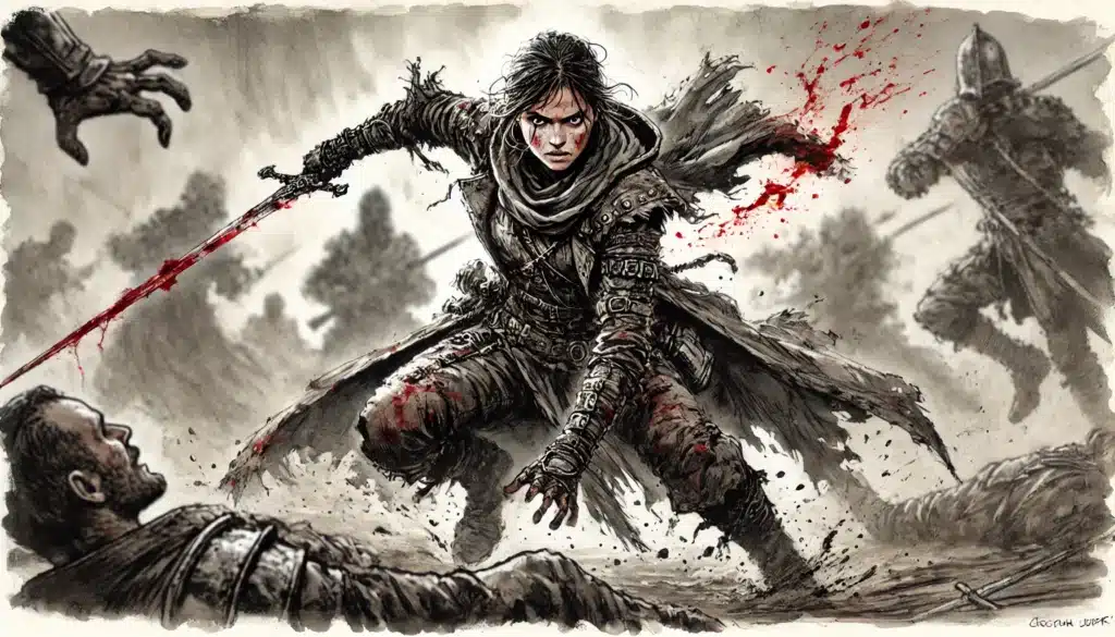 A fierce, armored warrior kneels in a muddy battlefield, gripping a bloodied sword. Blood splatters and fallen enemies surround them, with the intense determination of a combat session clear on their face as chaos unfolds in the background.