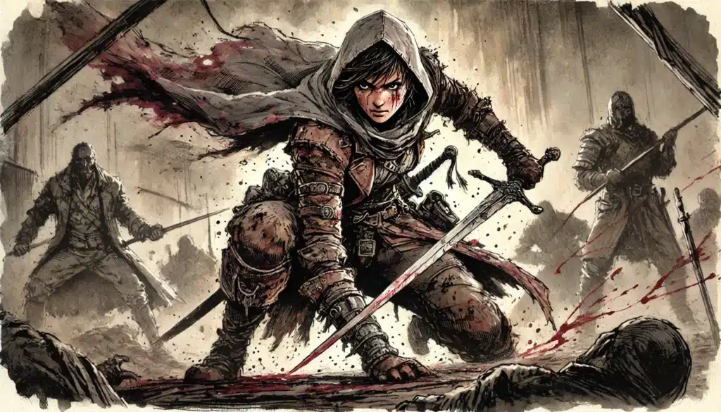 A fierce, hooded warrior crouches with a bloodstained sword amid fallen enemies, her intense gaze forward. Three shadowy figures with weapons linger behind—a scene perfect for balancing combat and roleplay in your next tabletop gaming adventure.