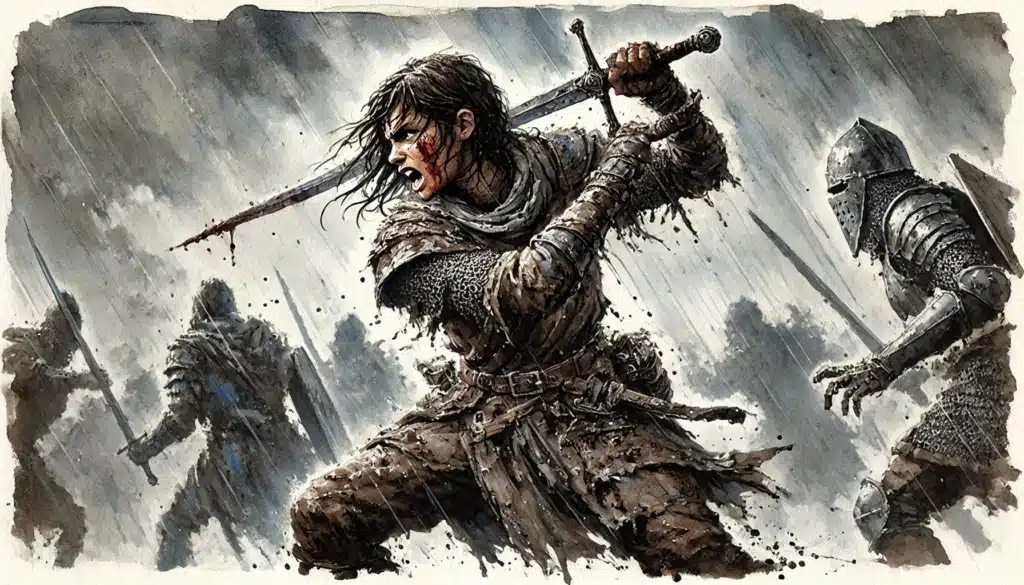 A fierce warrior with messy hair and battered armor wields a bloodied sword in heavy rain, facing off against armored opponents amid mud and chaos—a scene perfect for Dungeons & Dragons roleplay and intense combat encounters.