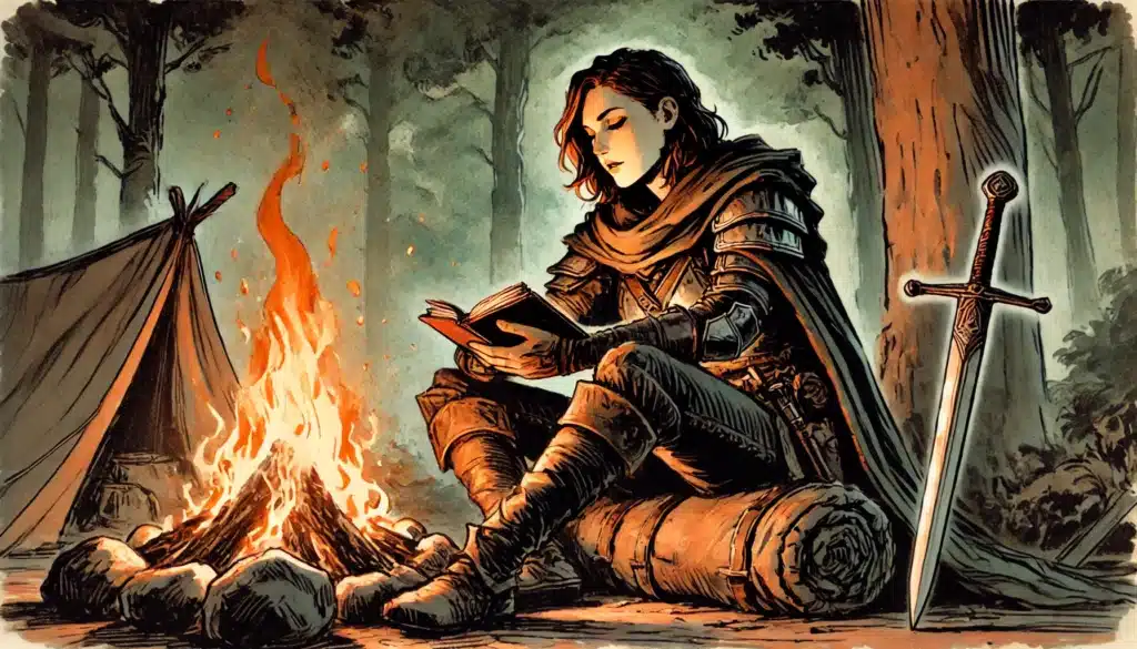 A person in medieval armor sits on a log by a campfire in a forest, reading a book—perhaps preparing for their next Dungeons & Dragons roleplay. A sword rests nearby, the tent behind them hinting at calm before new adventures or combat.