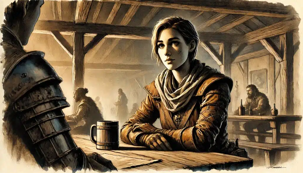 A young woman in medieval leather armor sits at a wooden tavern table, facing a person in armor. She looks attentive, with a mug and parchment before her—ready for Dungeons & Dragons roleplay as other patrons mingle in the warmly lit background.