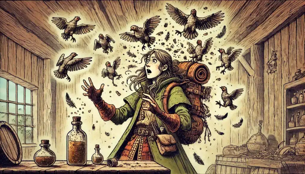 A surprised traveler with long hair and a backpack stands inside a rustic room as small birds dramatically fly around her, scattering feathers. Various bottles and jars rest on a wooden table in front of her.