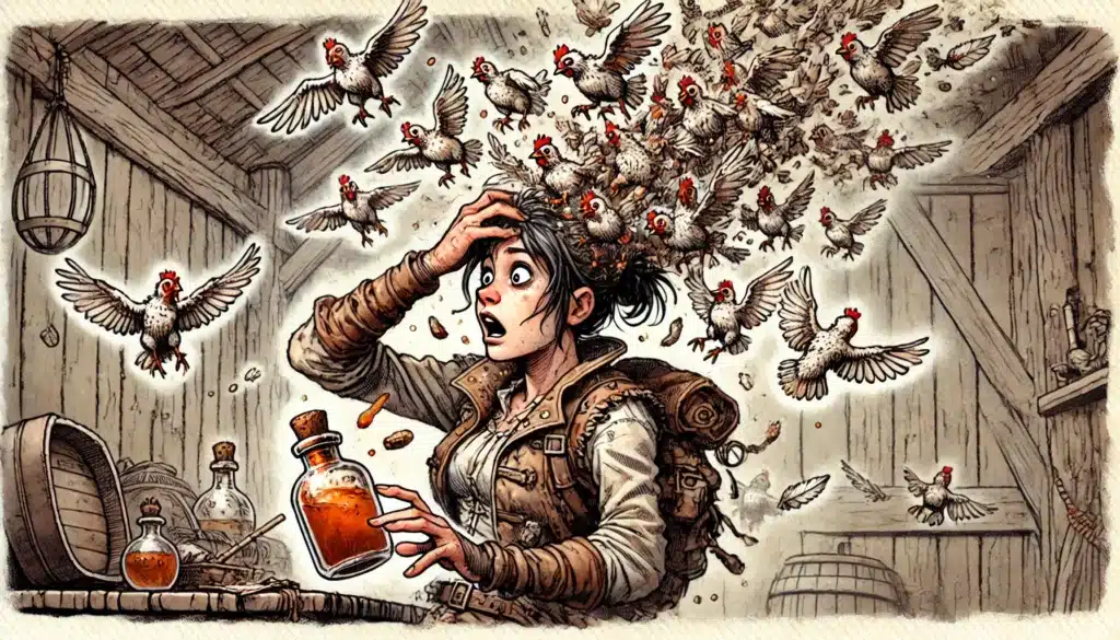 A shocked woman in rustic clothes stands in a wooden room as dozens of chickens magically burst from her head. She holds a potion bottle, while more bottles sit on a table, and chickens fly chaotically around her.
