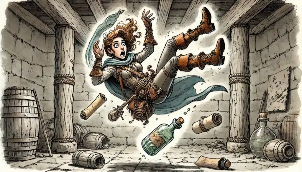 A surprised adventurer in medieval clothing floats in midair inside a stone cellar, surrounded by scattered barrels, scrolls, and bottles, as if caught by magic.